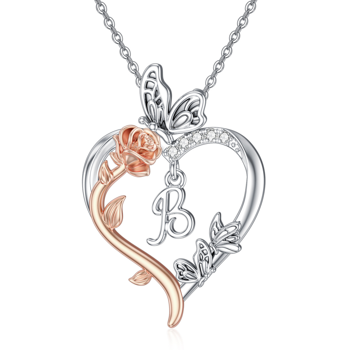 Collana in argento sterling bicolore con pendente a forma di cuore e rosa a forma di farfalla con la lettera iniziale B-1