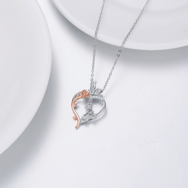 Collana in argento sterling bicolore con pendente a forma di cuore e rosa a forma di farfalla con la lettera iniziale B-4