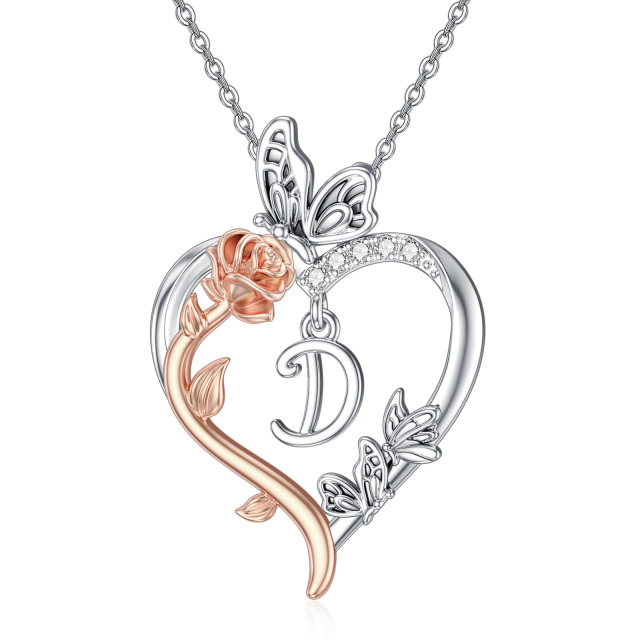 Sterling Silver Two-tone Butterfly Rose Heart Pendant Necklace with Initial Letter D-1