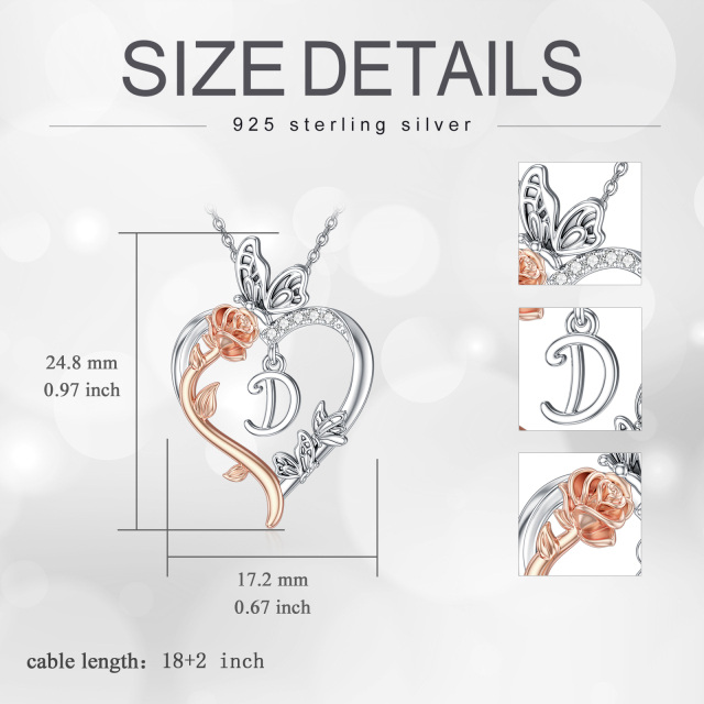 Sterling zilveren tweekleurige vlinder-roos-hart-hangerketting met beginletter D-5