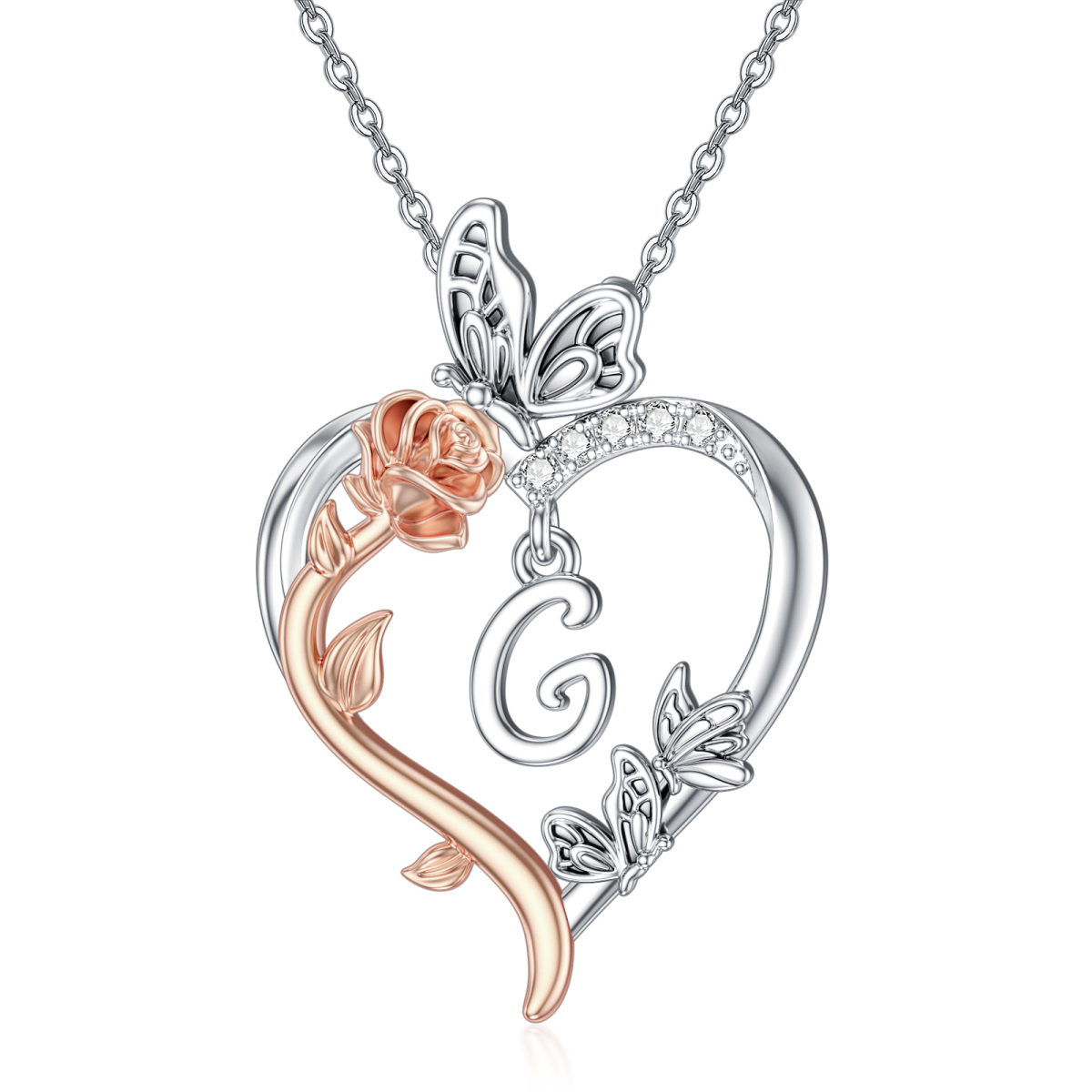 Sterling Silver Two-tone Butterfly Rose Heart Pendant Necklace with Initial Letter G-1