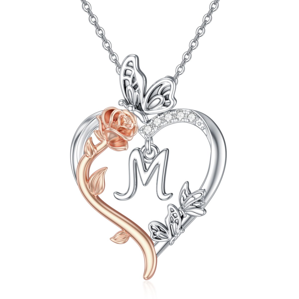 Sterling Silver Two-tone Butterfly Rose Heart Pendant Necklace with Initial Letter M-1