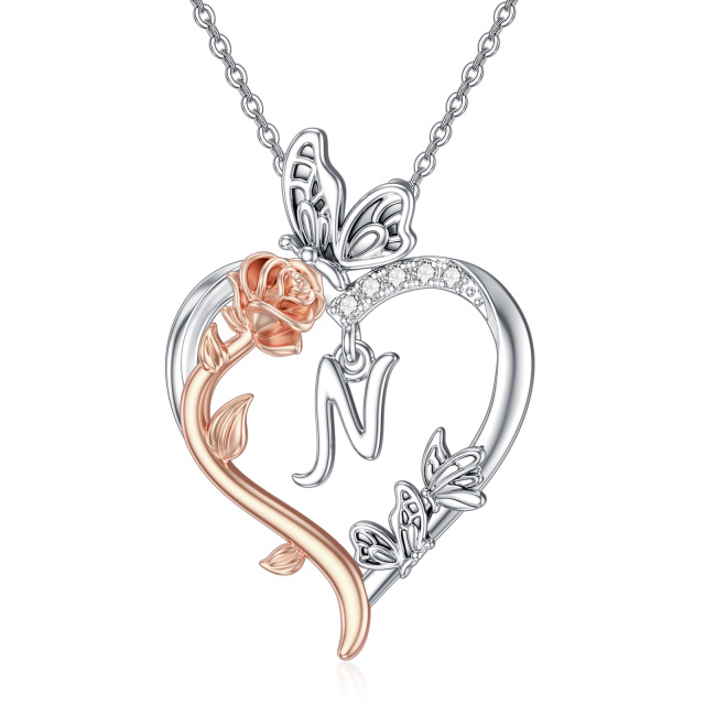 Collier pendentif coeur rose papillon bicolore en argent sterling avec lettre initiale N-1