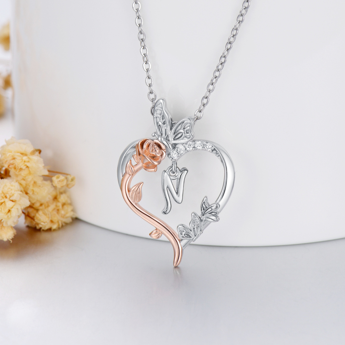 Sterling Silver Two-tone Butterfly Rose Heart Pendant Necklace with Initial Letter N-3