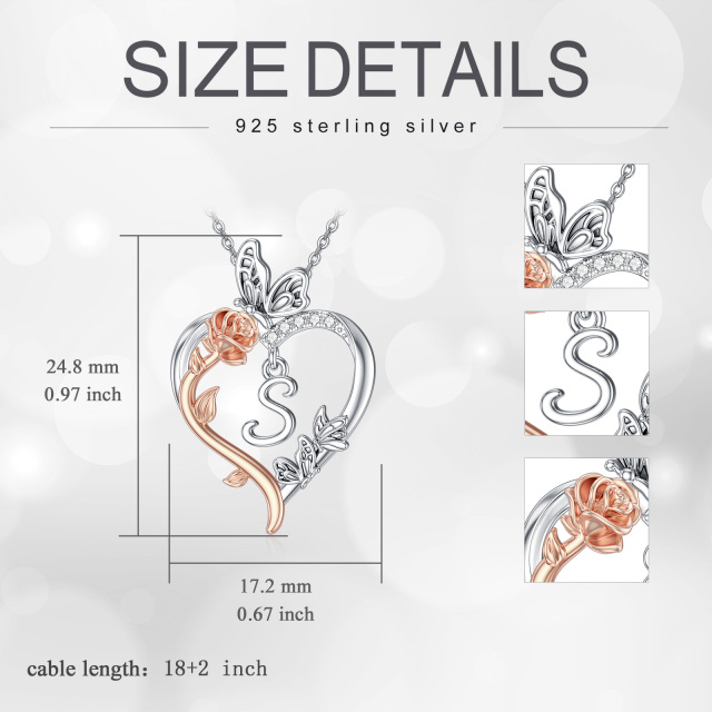 Collana in argento sterling bicolore con pendente a forma di cuore e rosa a forma di farfalla con la lettera iniziale S-5