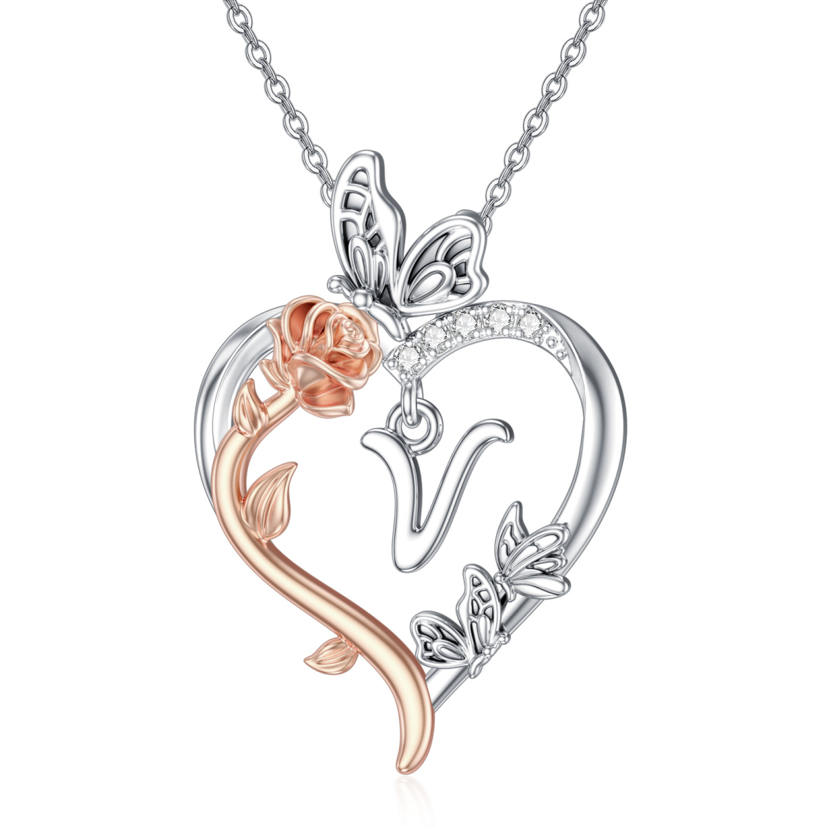 Collana in Argento Sterling Bicolore con Ciondolo a Forma di Cuore e Rosa a Farfalla con la Lettera Iniziale V-1