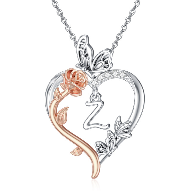 Collier pendentif coeur rose papillon bicolore en argent sterling avec lettre initiale Z-1