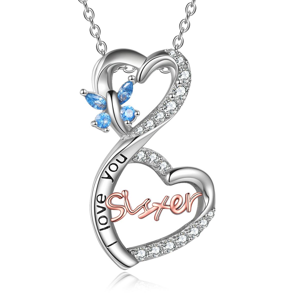 Sterling Silver Two-Tone Cubic Zirconia Butterfly & Heart Pendant Necklace With Engraved Word For Sister-1