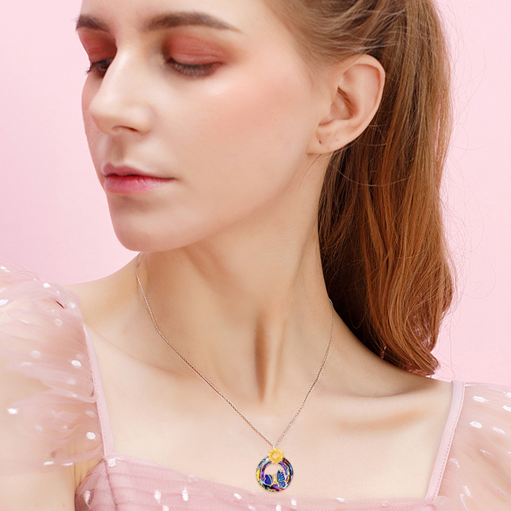 Sterling Silver Two-tone Butterfly & Sunflower Crystal Necklace for Women-2