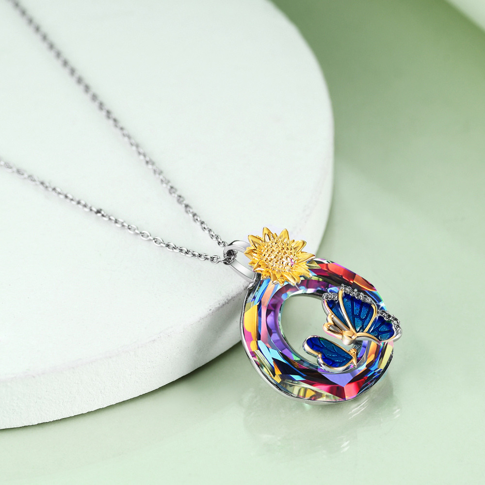 Sterling Silver Two-tone Butterfly & Sunflower Crystal Necklace for Women-3