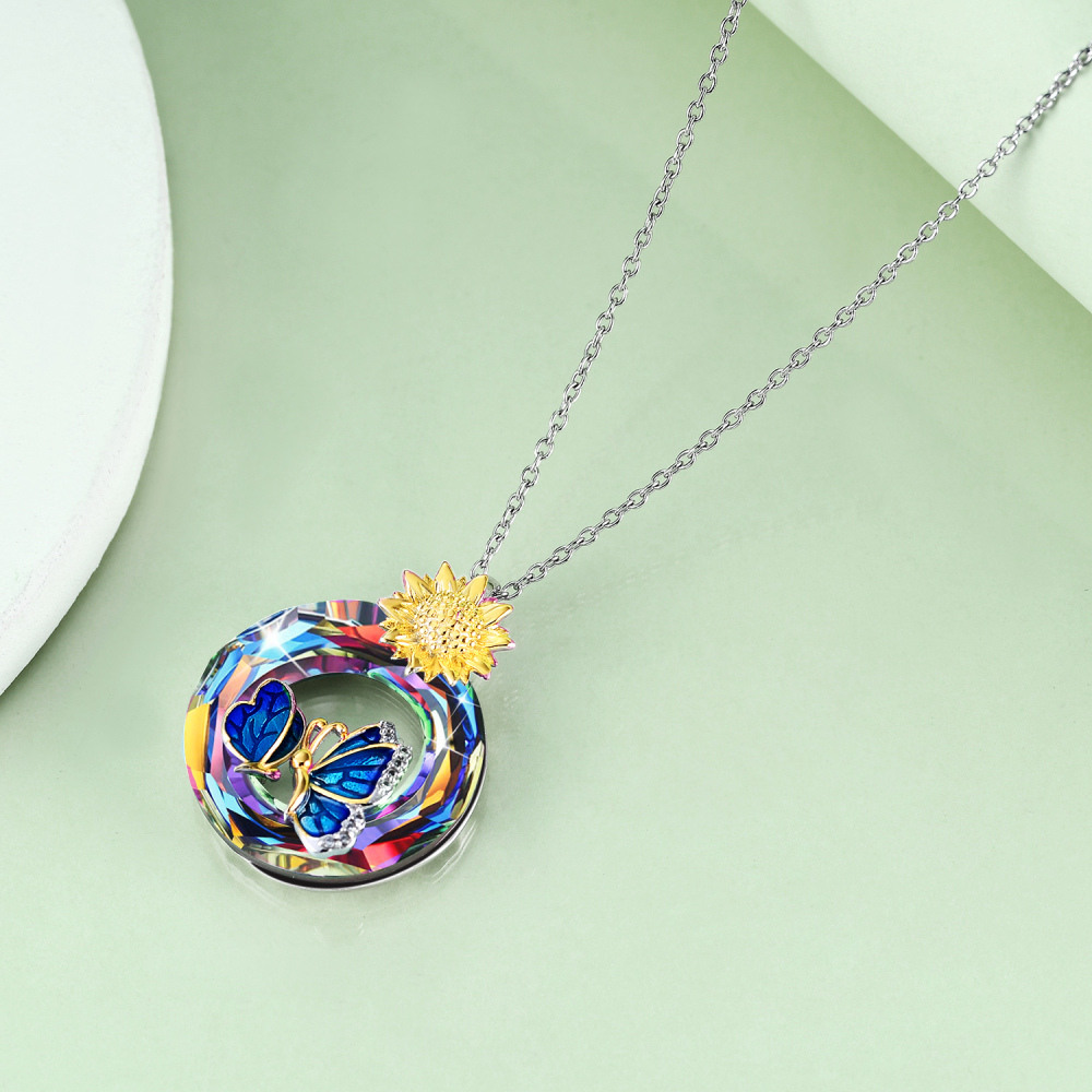 Sterling Silver Two-tone Butterfly & Sunflower Crystal Necklace for Women-4