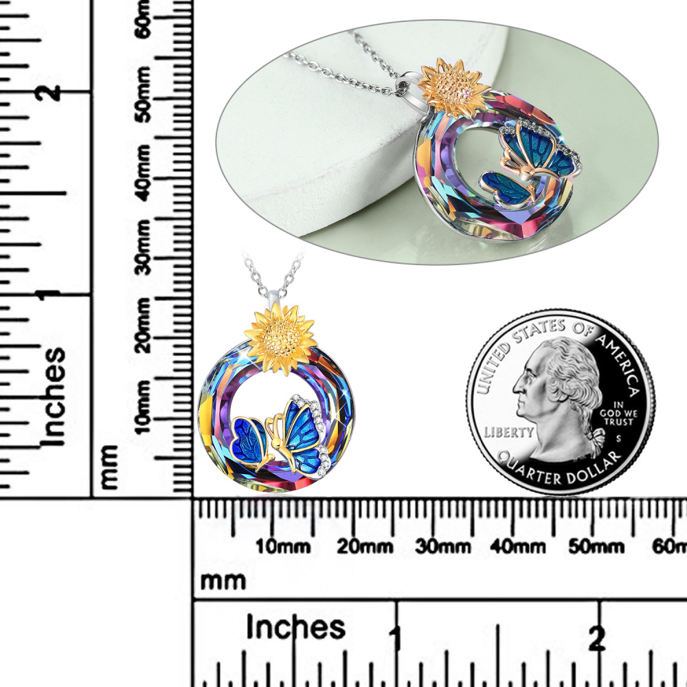 Sterling Silver Two-tone Butterfly & Sunflower Crystal Necklace for Women-5