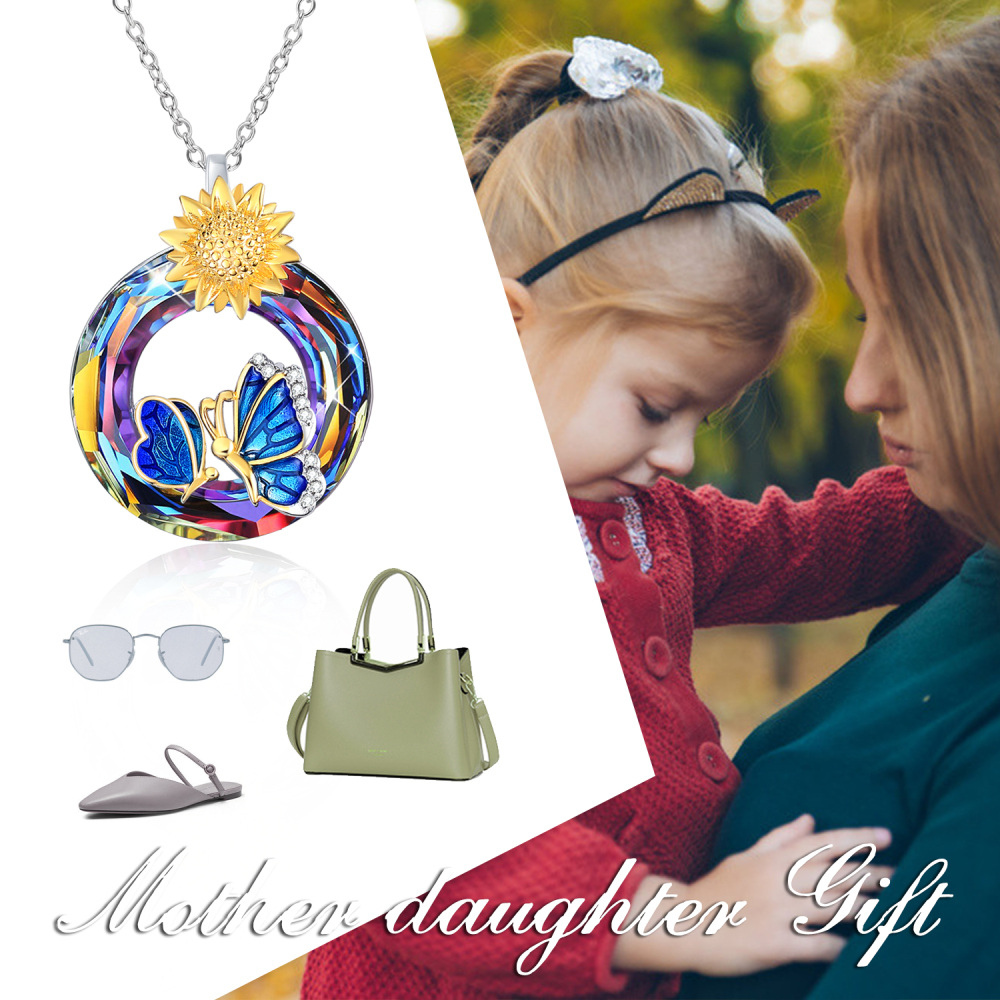 Sterling Silver Two-tone Butterfly & Sunflower Crystal Necklace for Women-6