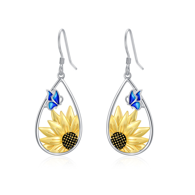 Sterling Silver Two-tone Butterfly & Sunflower Drop Earrings-1