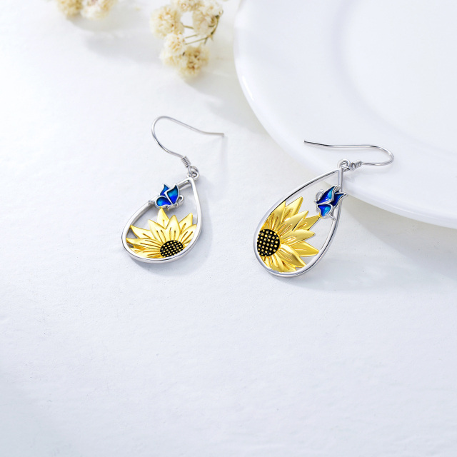 Sterling Silver Two-tone Butterfly & Sunflower Drop Earrings-3