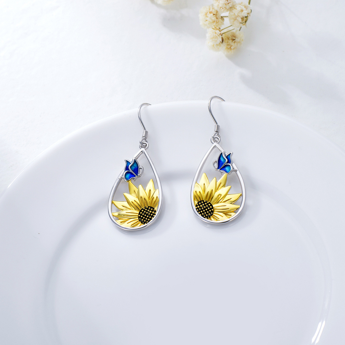 Sterling Silver Two-tone Butterfly & Sunflower Drop Earrings-4