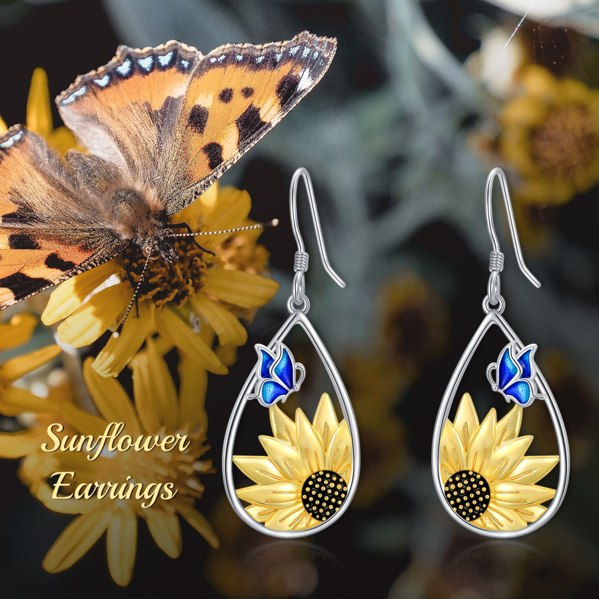 Sterling Silver Two-tone Butterfly & Sunflower Drop Earrings-5