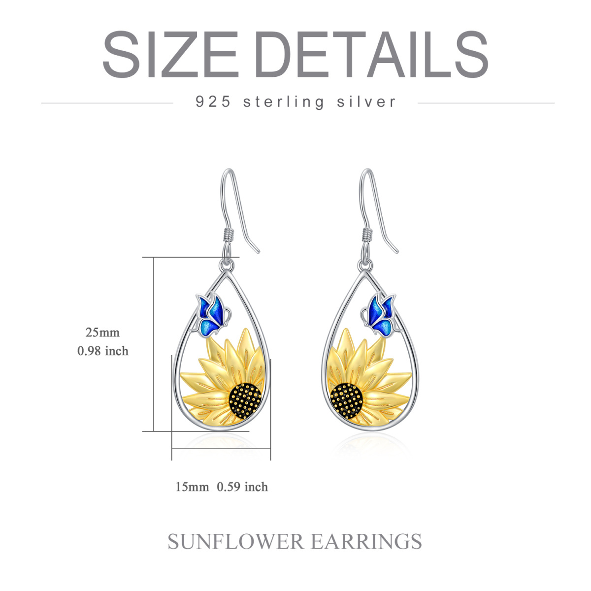 Sterling Silver Two-tone Butterfly & Sunflower Drop Earrings-6