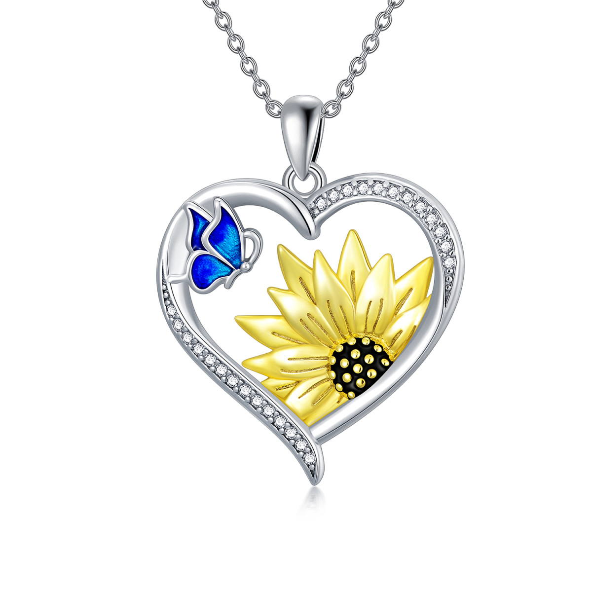 Collar con colgante de mariposa y girasol de dos tonos de plata de ley con colgante de corazón para mujer, mejor amiga-1