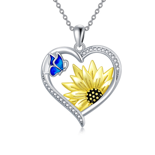 Sterling Silver Two-tone Cubic Zirconia Butterfly & Sunflower & Heart Pendant Necklace