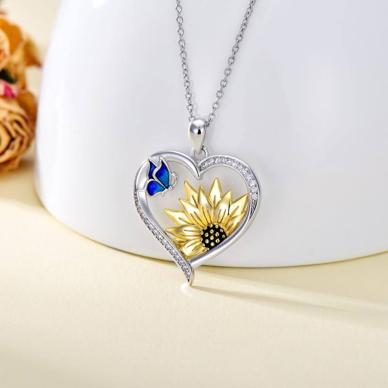 Collar con colgante de mariposa y girasol de dos tonos de plata de ley con colgante de corazón para mujer, mejor amiga-3