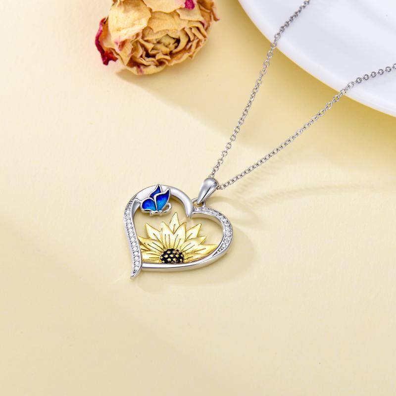 Collar con colgante de mariposa y girasol de dos tonos de plata de ley con colgante de corazón para mujer, mejor amiga-4