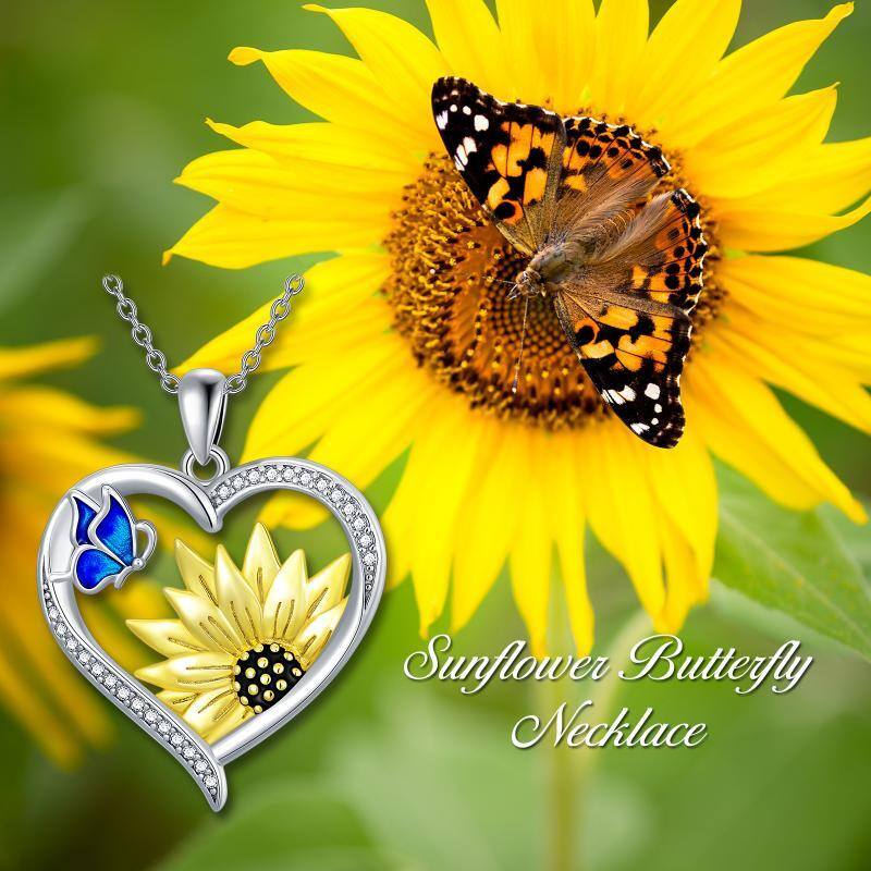 Sterling Silver Two-Tone Butterfly With Sunflower With Heart Pendant Necklace For Women Best Friend-5