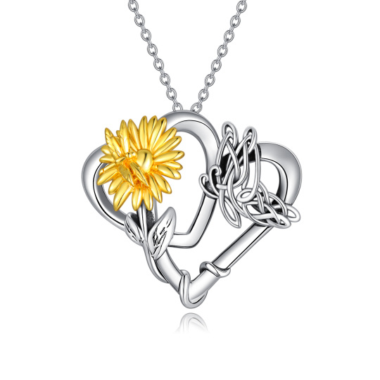 Sterling Silver Two-tone Butterfly & Sunflower & Heart Pendant Necklace