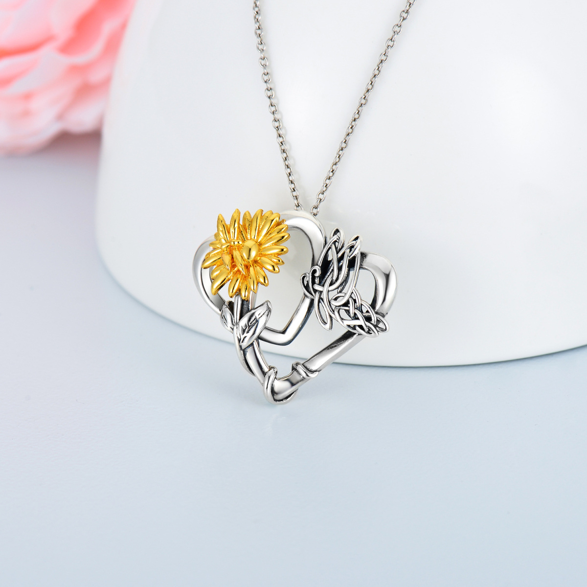 Sterling Silver Two-Tone Butterfly & Sunflower With Heart Pendant Necklace For Women Best Sister-3