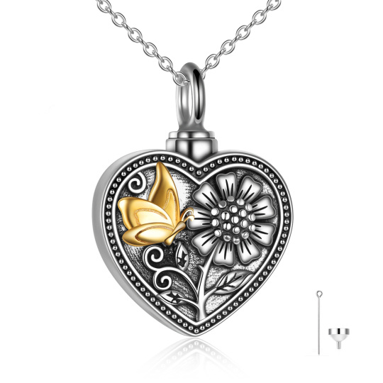 Collana d'argento bicolore con farfalla, girasole e cuore per le ceneri con parola incisa