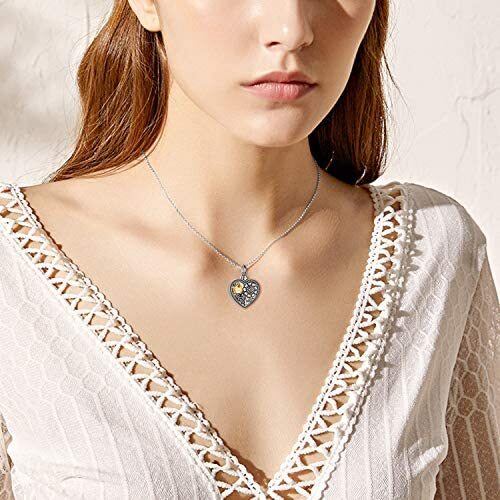 Collier en argent sterling bicolore papillon, tournesol et urne en forme de coeur avec mot-2