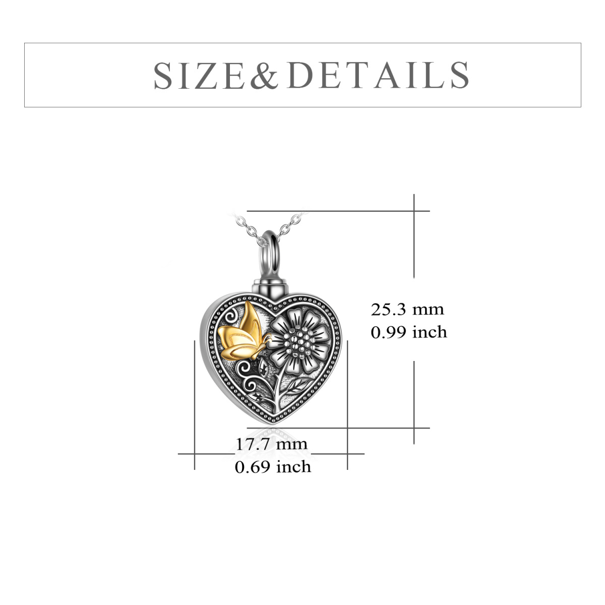 Sterling Silver Two-tone Butterfly & Sunflower & Heart Urn Necklace for Ashes with Engraved Word-5