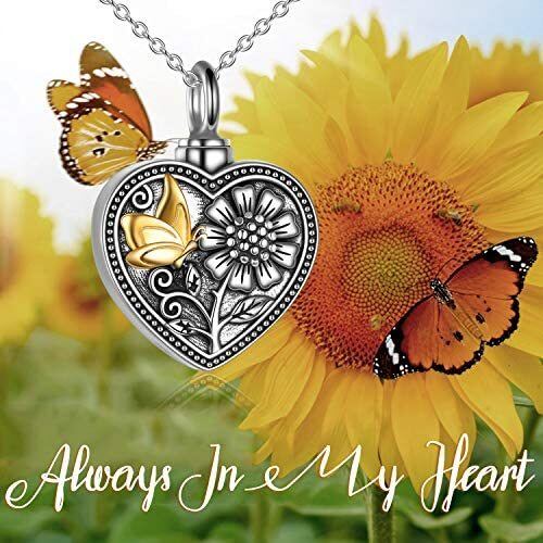 Sterling Silver Two-tone Butterfly & Sunflower & Heart Urn Necklace for Ashes with Engraved Word-6