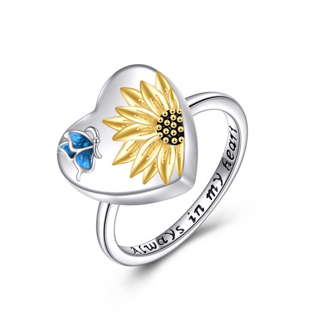 Anillo de plata de ley bicolor con mariposa y girasol y urna de corazón con palabra grabad-1