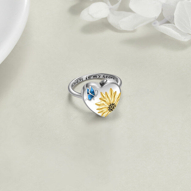 Anillo de plata de ley bicolor con mariposa y girasol y urna de corazón con palabra grabad-3