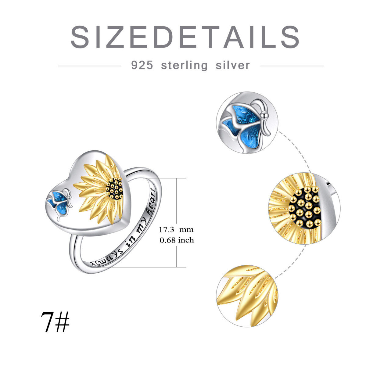 Sterling Silver Two-Tone Butterfly With Sunflower Heart Urn Ring With Engraved Word For Women-5