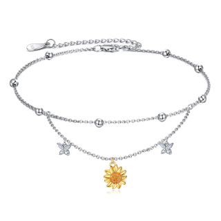 Sterling Silver Two-tone Cubic Zirconia Butterfly & Sunflower Multi-layered Anklet-4