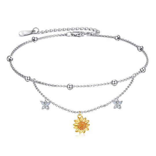 Sterling Silver Two-tone Cubic Zirconia Butterfly & Sunflower Multi-layered Anklet