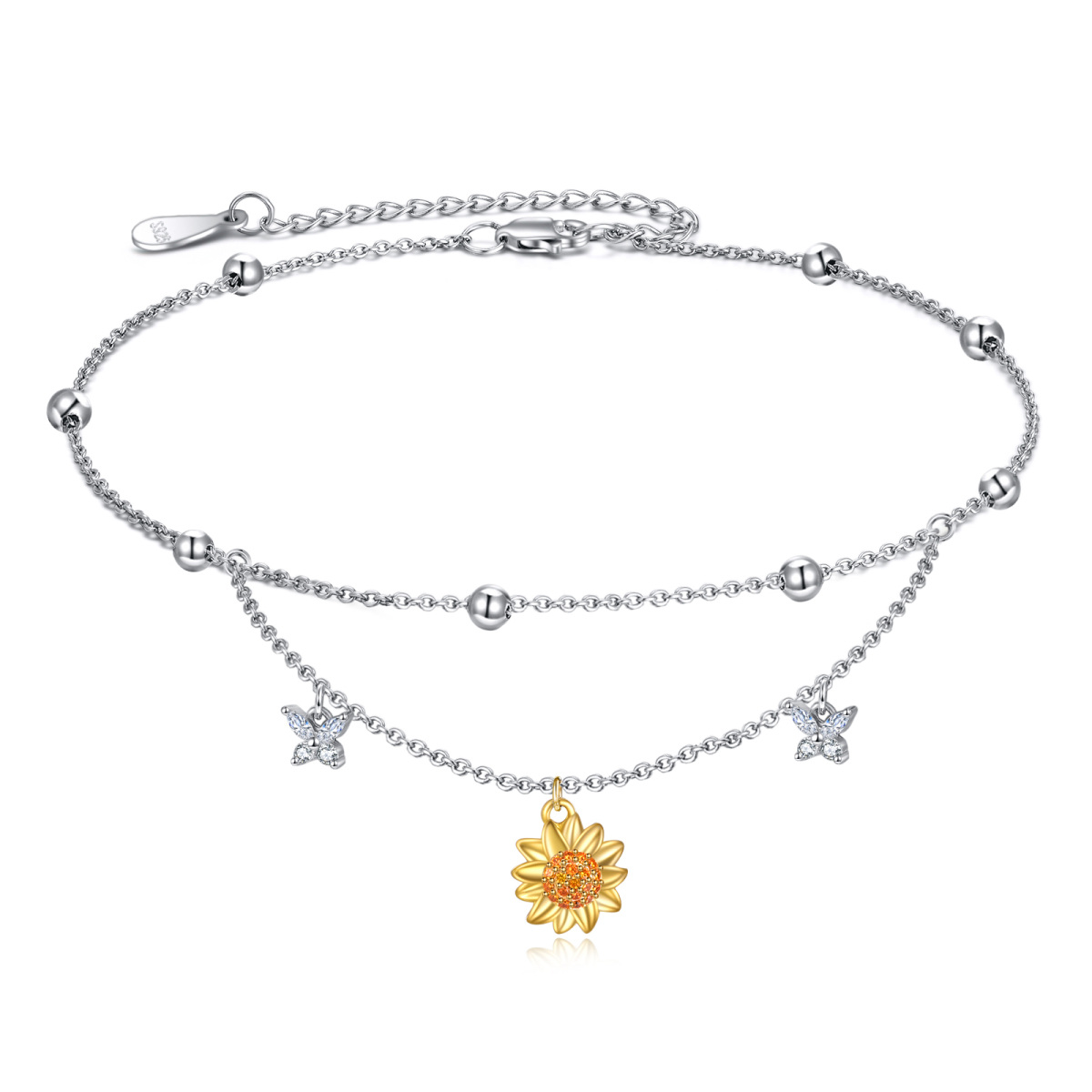 Sterling Silver Two-tone Cubic Zirconia Butterfly & Sunflower Multi-layered Anklet-1