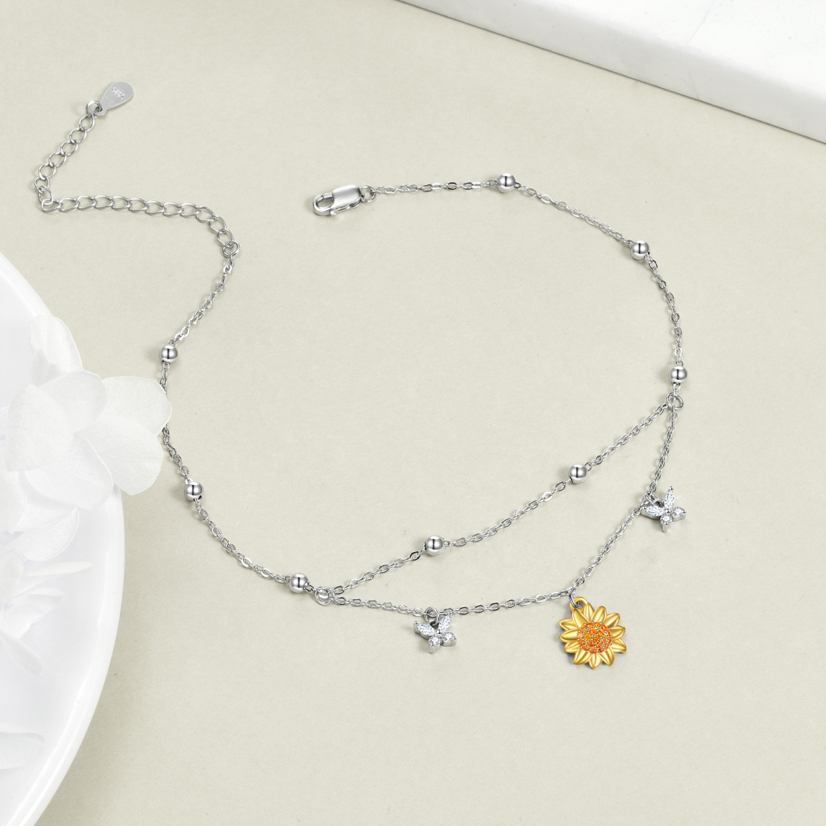 Sterling Silver Two-tone Cubic Zirconia Butterfly & Sunflower Multi-layered Anklet-3