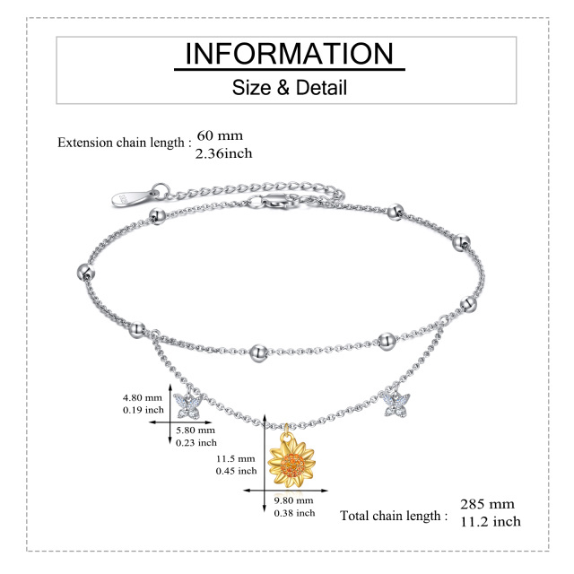 Tobillera bicolor de plata de ley con mariposa y girasol de circonitas cúbicas-5