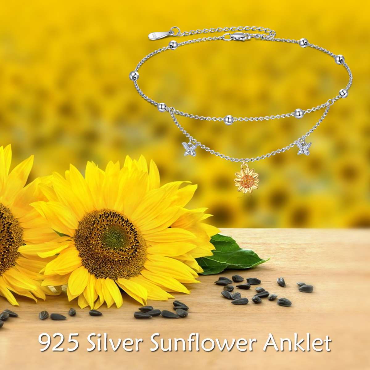 Sterling Silver Two-tone Cubic Zirconia Butterfly & Sunflower Multi-layered Anklet-6