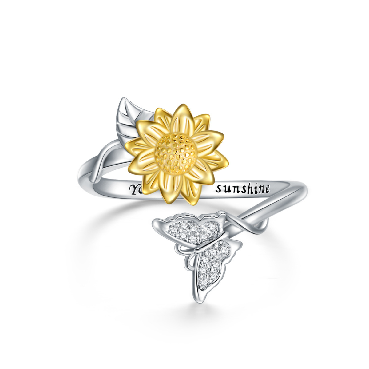 Sterling Silber Zweifarbiger Schmetterling & Sonnenblume Offener Ring mit eingraviertem Wo-1