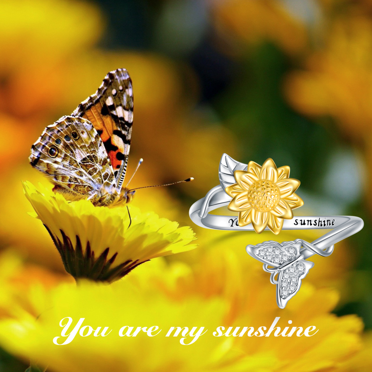 Sterling Silber Zweifarbiger Schmetterling & Sonnenblume Offener Ring mit eingraviertem Wo-3