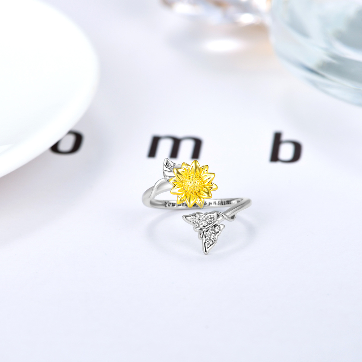 Sterling Silber Zweifarbiger Schmetterling & Sonnenblume Offener Ring mit eingraviertem Wo-4