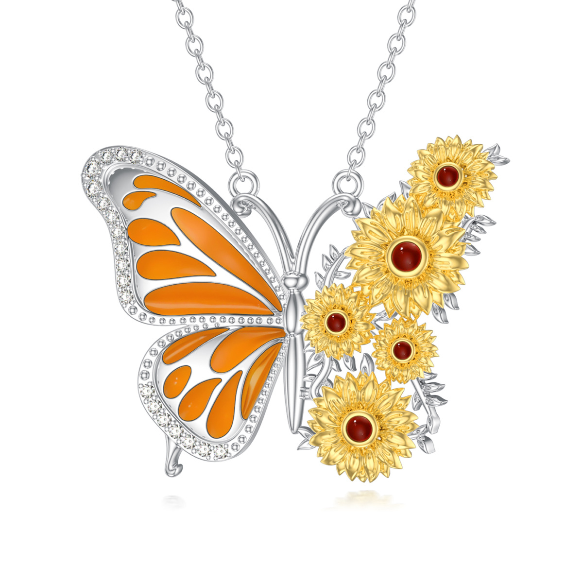 Sterling Silver Two-tone Butterfly & Sunflower Pendant Necklace-1