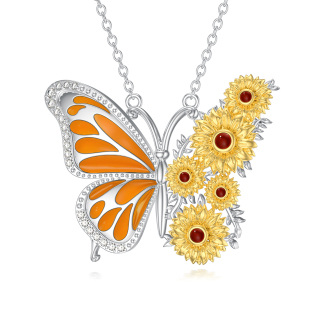 Sterling Silver Two-tone Butterfly & Sunflower Pendant Necklace-2