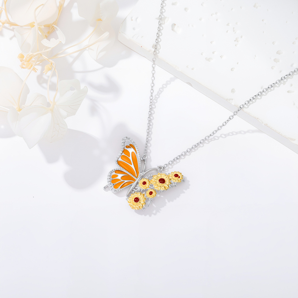 Sterling Silver Two-tone Butterfly & Sunflower Pendant Necklace-3