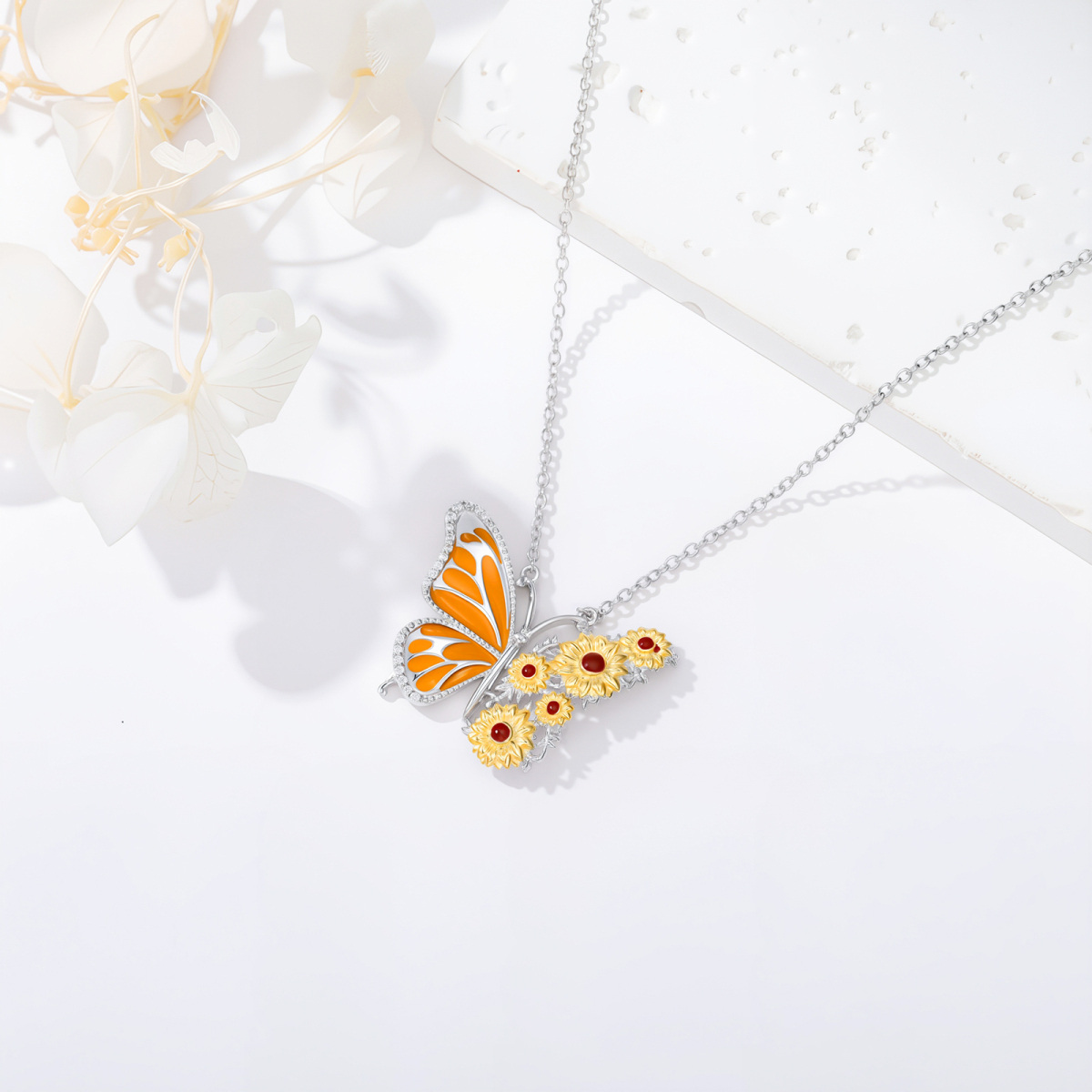 Sterling Silver Two-tone Butterfly & Sunflower Pendant Necklace-3