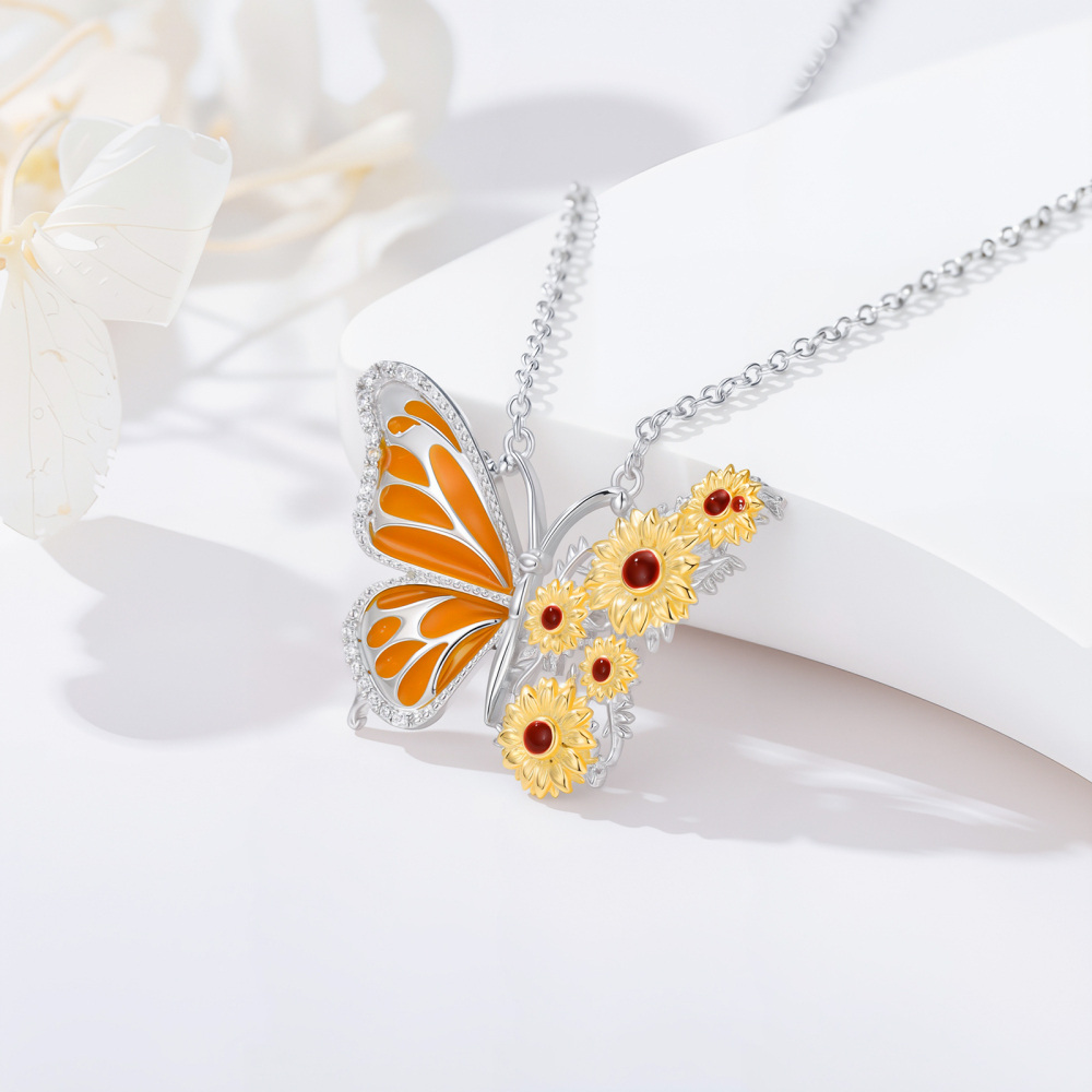 Sterling Silver Two-tone Butterfly & Sunflower Pendant Necklace-4